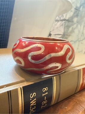 Vintage Red Copper Wide Bangle Bracelet Silver Tone Scrollwork